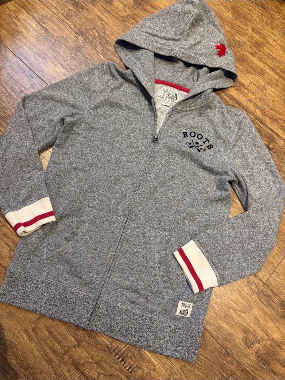 Roots Cabin Kids Heather Gray long Hoodie with Red Accents